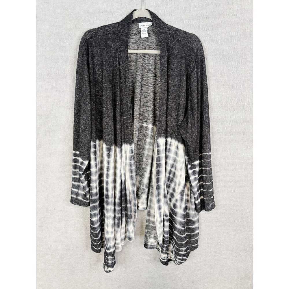 Catherines Sweater Womens 2X 22 24 Black Tie Dye Colorblock Open Front Cardigan